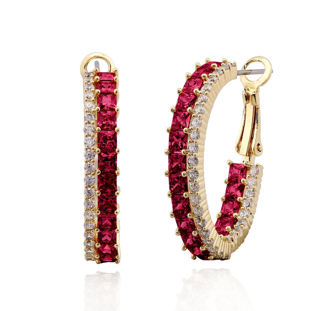 Ruby Square CZ Oval Hoops in Yellow Gold