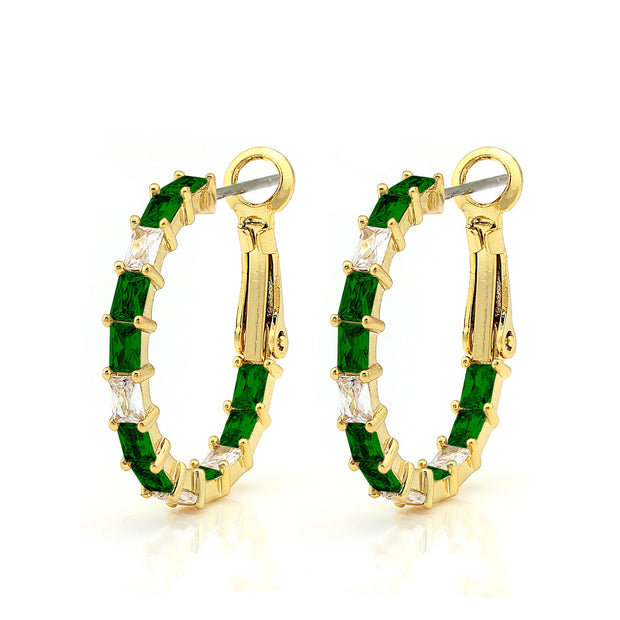 Thin Small Green Square CZ Round Hoops in Yellow Gold