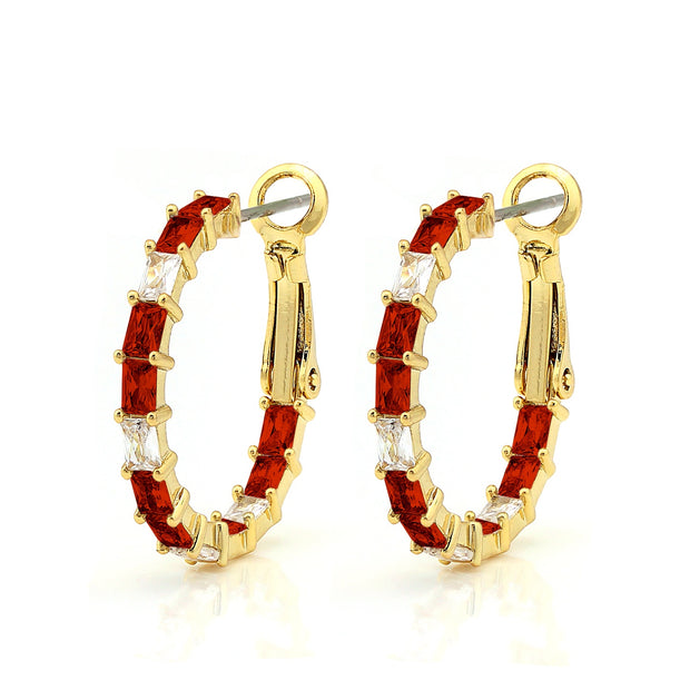 Thin Small Ruby Square CZ Round Hoops in Yellow Gold