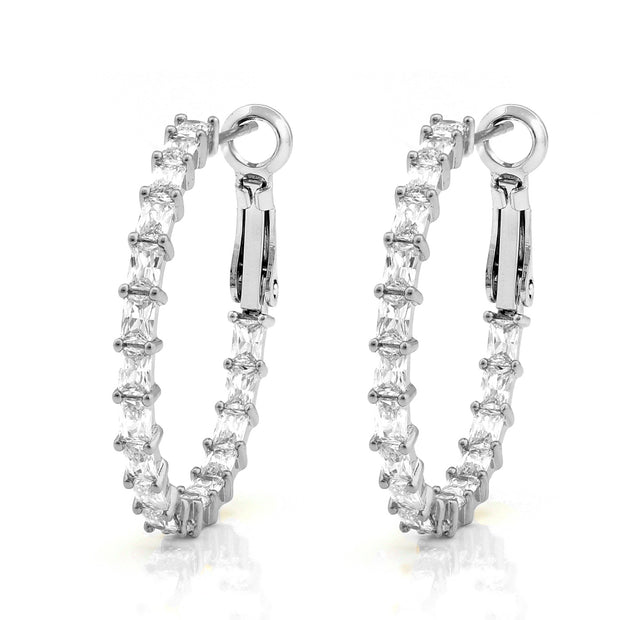 Thin Square CZ Round Hoops in White Gold