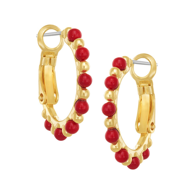 Red Pearls & Gold Balls Large Round Hoops