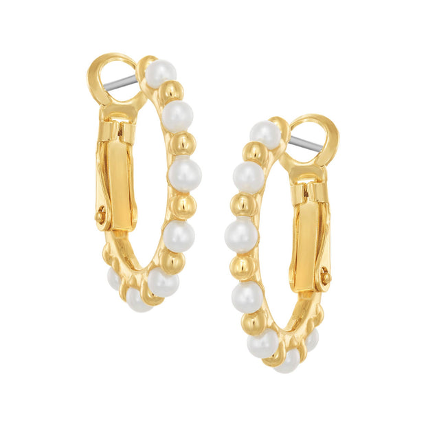 White Pearls & Gold Balls Large Round Hoops