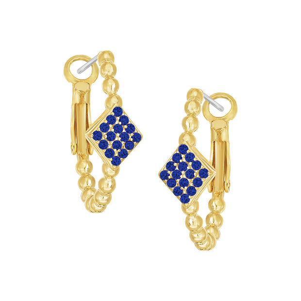 Blue Pave Diamond Gold Balls Oval Hoops in Yellow Gold