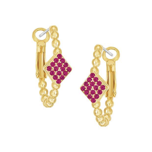 Ruby Pave Diamond Gold Balls Oval Hoops in Yellow Gold