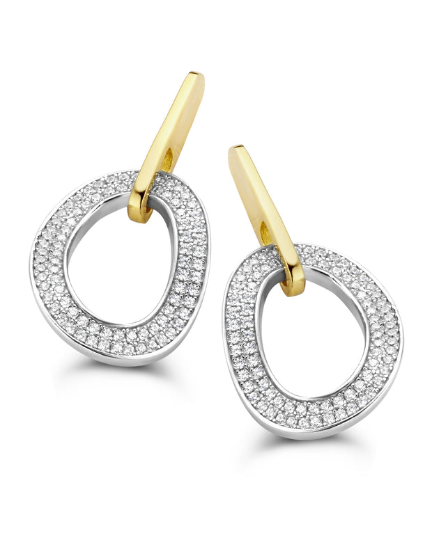 Waved CZ Pave Open Oval on Polished Top Earring in Two Tone