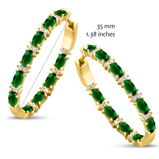CZ & Emerald Oval Hoops in Yellow Gold