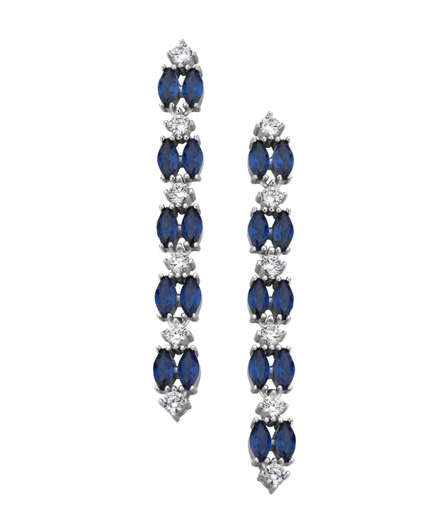 Sapphire & CZ Double Row Tennis Earrings in White Gold