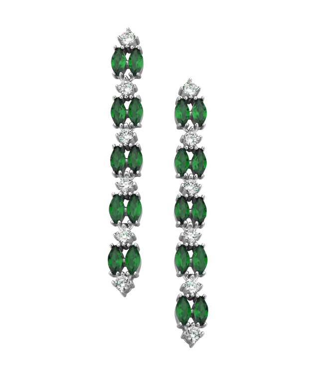Emerald & CZ Double Row Tennis Earrings in White Gold