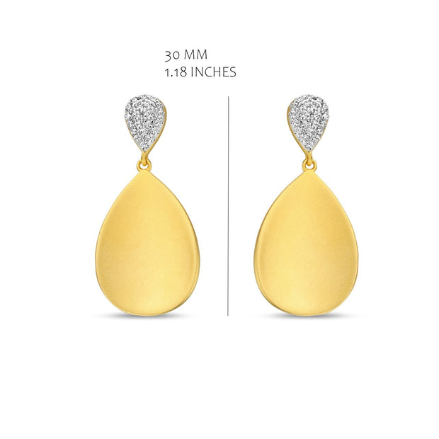 Brushed Drop with CZ Pave Top Teardrop Earrings in Yellow Gold