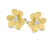 Brushed Three Petal CZ Flower Studs in Yellow Gold