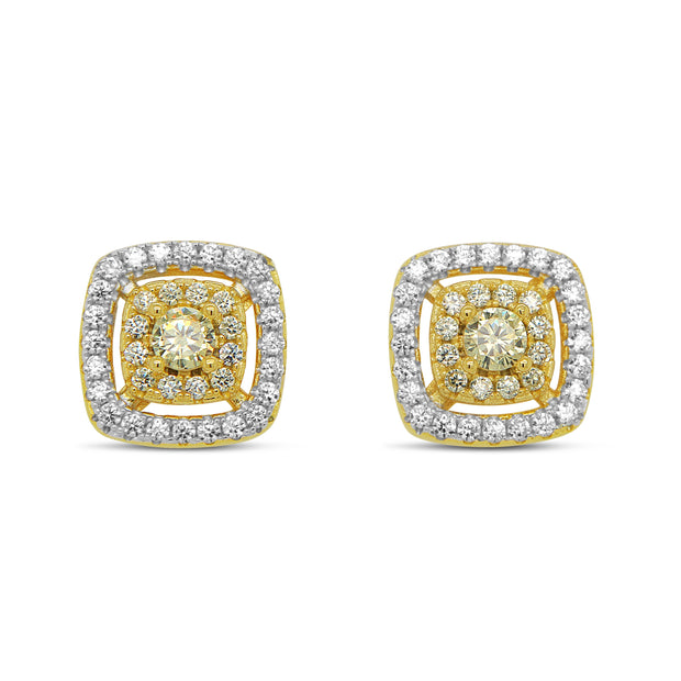 Clear & Yellow CZ Layered Square Studs in Yellow Gold