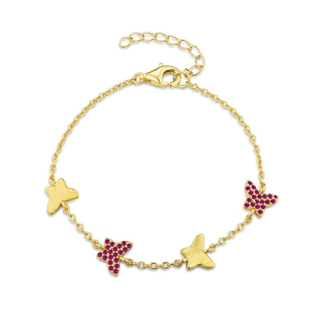 Brushed & Ruby CZ Pave Butterfly Bracelet in Yellow Gold