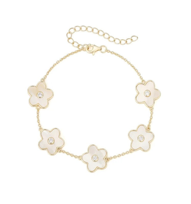 Studded Mother of Pearl Flower Bracelet in Yellow Gold