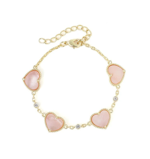 Pink Mother of Pearl Heart CZ Bracelet in Yellow Gold