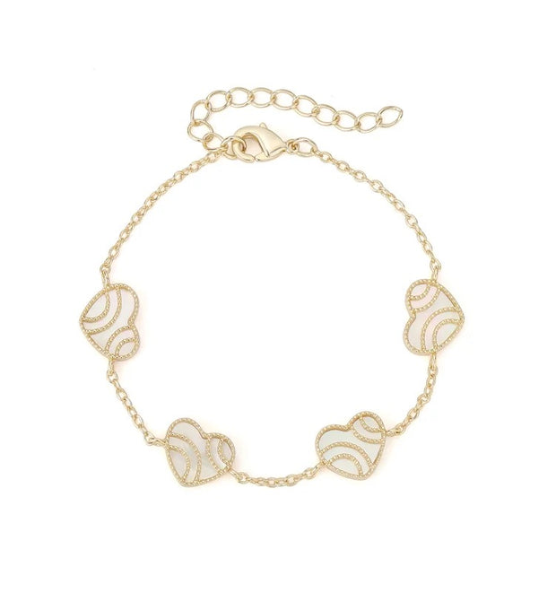 Mother of Pearl Wave Overlay Heart Bracelet in Yellow Gold
