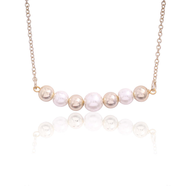 White Pearl Gold Bead Bar Necklace