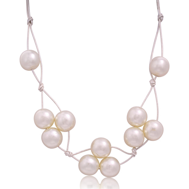 Deborah Grivas Designs Pearl Cluster White Leather Rope Necklace