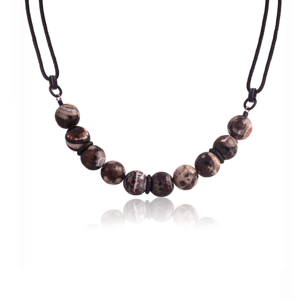Double Rope Black/Beige Grained Round Stone Beads Necklace