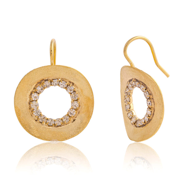 Crystal Open Coin Fish Hook Earrings In Yellow Gold
