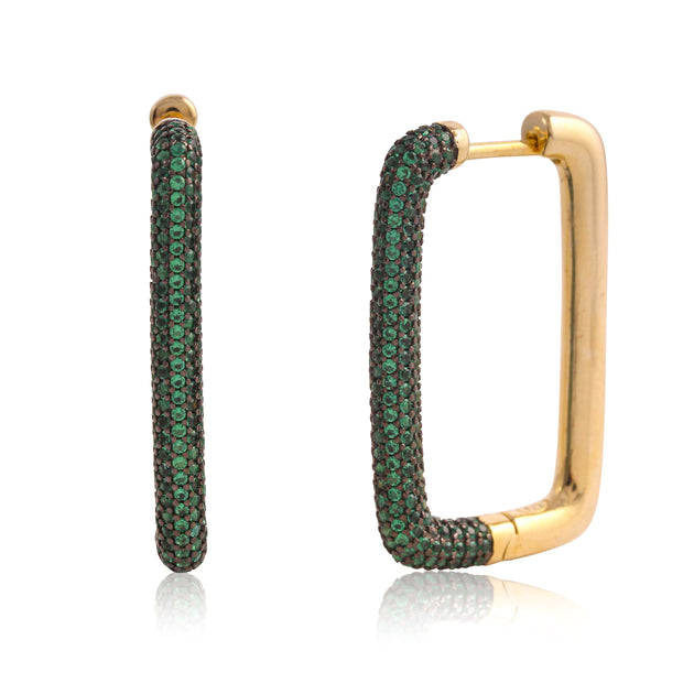 31MM Green Rectangle Pave Hoops In Yellow Gold