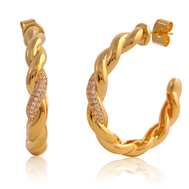 25Mm Twisted Braid Cz Hoops In Yellow Gold