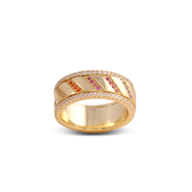 Yellow Gold Rainbow Cz Lined Ring