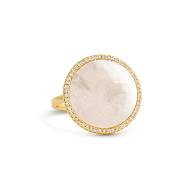 Mother-Of-Pearl Circle CZ Ring In Yellow Gold