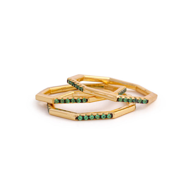 Yellow Gold Octagon Stackable Green Cz Rings