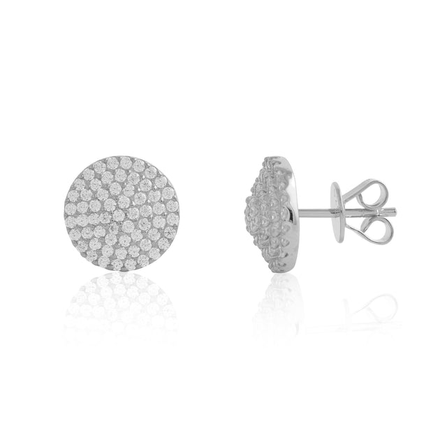 CZ Embossed Round Studs in White Gold