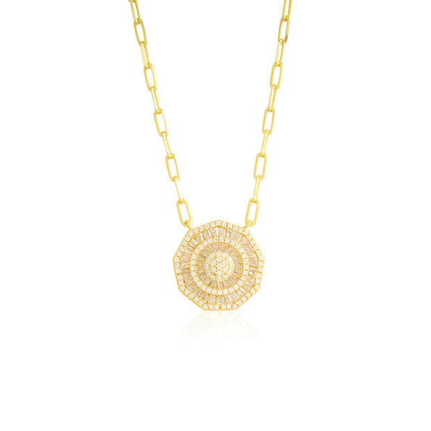 Baguette CZ Nonagon Paperclip Necklace in Yellow Gold – Sparkles Jewelry