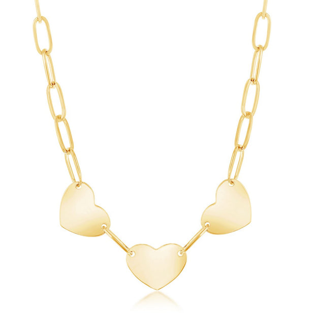 Triple Polished Heart Paperclip Necklace in Yellow Gold
