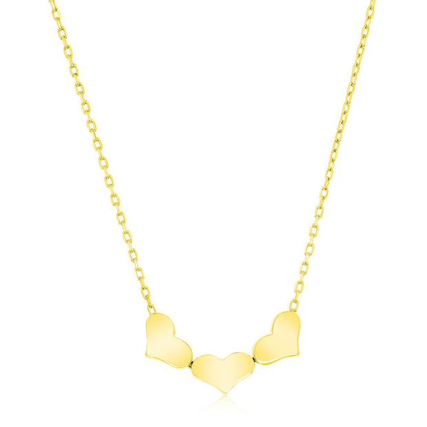 Polished Petite Triple Wide Hearts Necklace in Yellow Gold