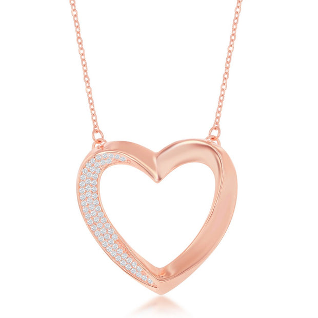 Open Thick Heart Twisted Half Cz Stones Pendant in Rose Gold