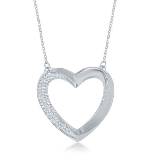 Open Thick Heart Twisted Half Cz Stones Pendant in White Gold