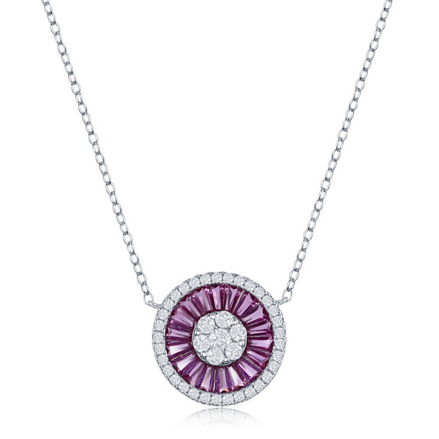 Ruby & CZ Baguette Circle Pendant Necklace in White Gold