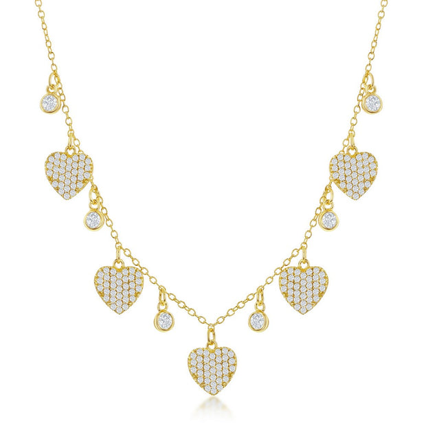 Round & Pave Heart CZ Dangling Necklace in Yellow Gold