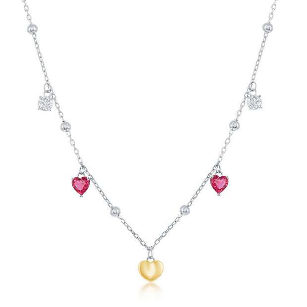 White & Ruby CZ Heart Beaded Necklace