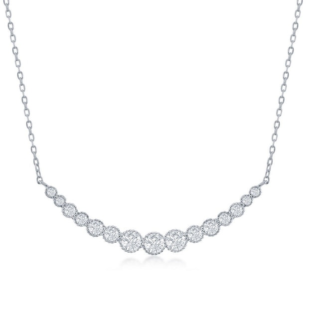 Graduating Round CZ Curved Bar Necklace in White Gold