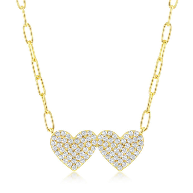 Double Heart CZ Paperclip Necklace in Yellow Gold