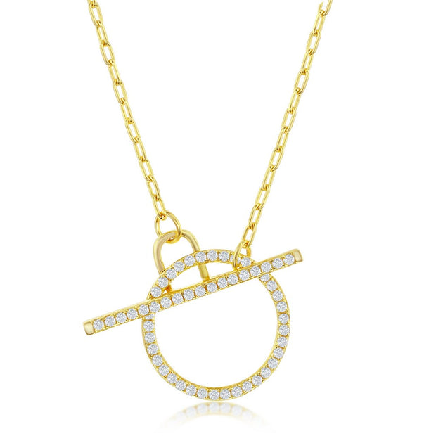 Paperclip CZ Circle Toggle Short Necklace in Yellow Gold
