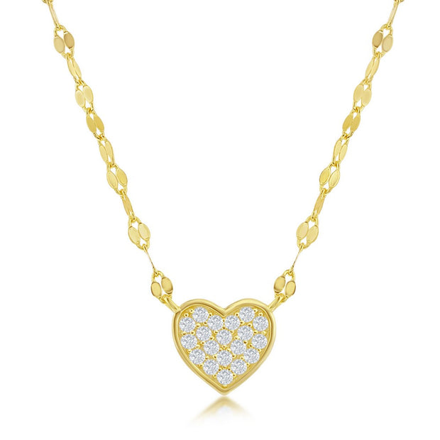Small CZ Pave Heart Mirror Chain Necklace in Yellow Gold