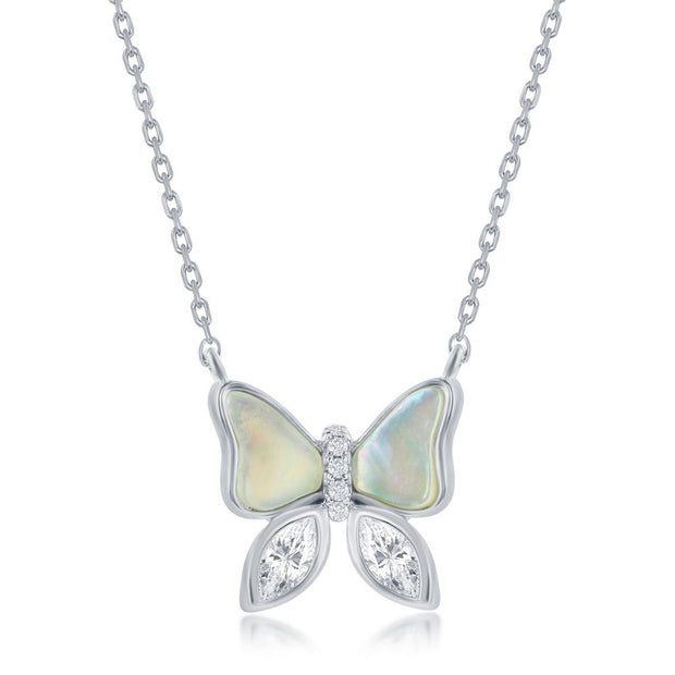 Mother of Pearl & CZ Small Butterfly Necklace in White Gold