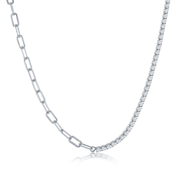 Half 3mm Paperclip & Half 2mm Tennis Necklace in White Gold