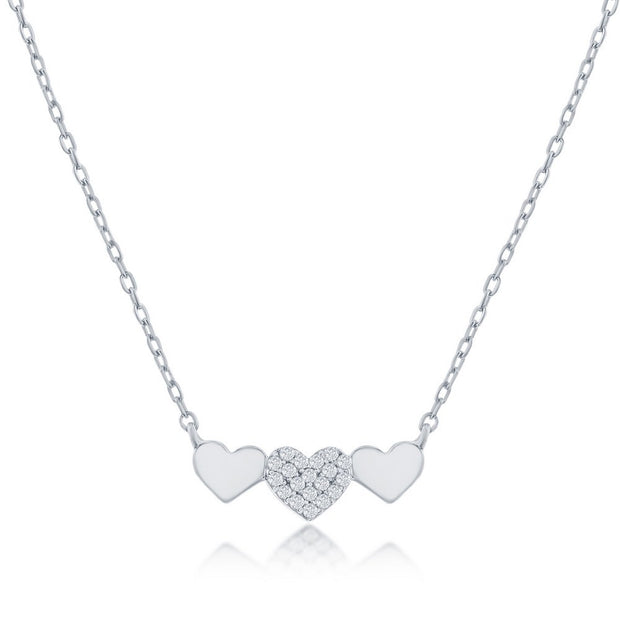 Petite Triple Polished & CZ Heart Bar Necklace in White Gold