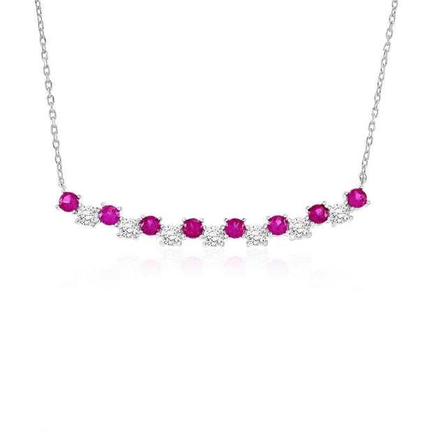 Curved Zig-Zag Ruby & CZ Bar Necklace in White Gold