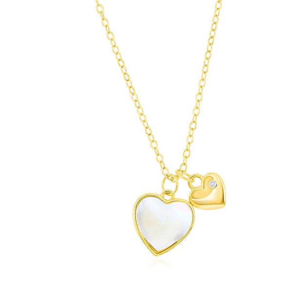 Polished CZ & Mother of Pearl Heart Necklace in Yellow Gold