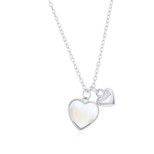 Polished CZ & Mother of Pearl Heart Necklace in White Gold