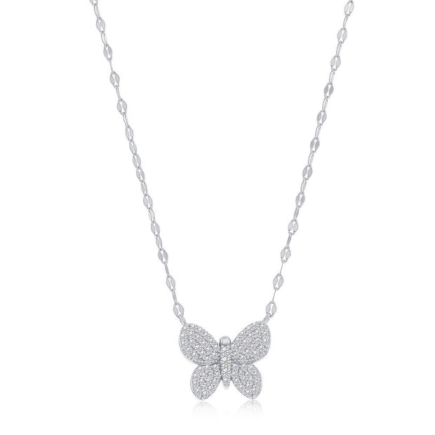 Pave Butterfly Delicate Mirror Chain Necklace in White Gold