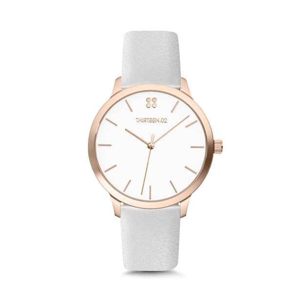 1302 Rose Gold Case/White Dial White Band Watch