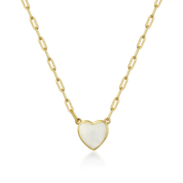 Bezel Mother of Pearl Heart Paperclip Necklace in Yellow Gold